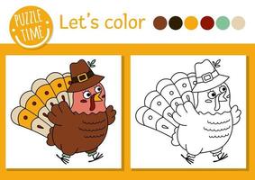 Página para colorear de acción de gracias para niños con pavo. vector ilustración de contorno de vacaciones de otoño con pájaro lindo. libro de colores de otoño para niños con ejemplo de colores. hoja de trabajo imprimible de habilidades de dibujo