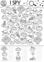 Thanksgiving black and white I spy game for kids. Searching and counting activity or coloring page with turkey, pumpkin. Funny autumn printable worksheet for kids. Simple fall line puzzle.