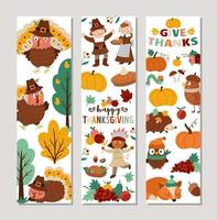 Cute set of Thanksgiving vertical cards with turkey, forest animals, harvest, pilgrims. Vector autumn holiday vertical print templates. Fall bookmark design for tags, postcards, ads