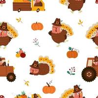 Vector Thanksgiving elements seamless pattern. Autumn repeat background with cute turkey, harvest, pumpkins. Fall holiday digital paper with funny traditional bird
