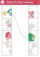 Fairytale connect the halves worksheet.  Matching game for preschool children with fantasy creatures. Match heads and tails activity with dragon, unicorn, cat, swan. vector