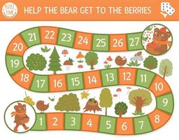 Autumn board game for children with cute woodland animal. Educational boardgame with teddy. Help the bear get to the berries activity. Fall season or thanksgiving printable worksheet. vector
