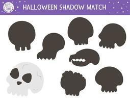 actividad de combinación de sombras de halloween para niños. rompecabezas de otoño con sculls. juego educativo para niños con huesos de miedo. encuentre la hoja de trabajo imprimible de la silueta correcta. vector