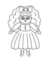 vector muñeca blanco y negro aislado sobre fondo blanco. linda ilustración de niña de juguete para niños. icono de línea divertida de personaje sonriente para niños