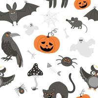 Seamless pattern with vector scary creatures. Digital paper with Halloween characters. Cute autumn all saints eve background with bat, pumpkin, black cat, owl, toad, ghost for kids