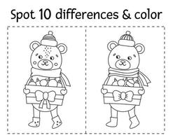 Christmas find differences and color game for children. Winter black and white educational activity with funny bear. Printable worksheet with smiling character. Cute New Year coloring page for kids vector