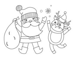 black and white Santa Claus with sack, deer and snowflakes. Cute winter Father Frost illustration isolated on white background. Character for Christmas, New Year or winter design. Funny line icon vector