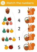 Match the numbers game with squirrel and fruit basket. Autumn farm or forest math activity for preschool children with cute animal. Educational printable counting worksheet for kids vector