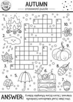 Vector black and white fall season crossword puzzle for kids. Simple outline quiz with autumn forest objects for children. Educational activity or coloring page with cute funny woodland animals