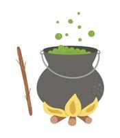 Cute vector cauldron on fire with wooden stick. Halloween object icon. Autumn all saints eve illustration with witch related element. Samhain pot with green potion picture for kids.