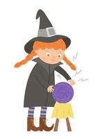 Cute vector witch practicing witchcraft with magic ball. Halloween character icon. Funny autumn all saints eve illustration with girl in tall hat and black costume. Samhain party sign design for kids.
