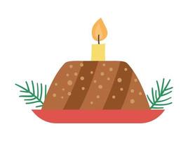 Vector Christmas cake with conifer twigs and candle isolated on white background. Cute funny illustration of new year pastry. Traditional winter dessert icon