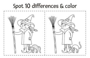 Halloween juego de encontrar diferencias en blanco y negro para niños. Actividad educativa de otoño con bruja divertida, escoba, gato. hoja de trabajo imprimible o página para colorear con carácter sonriente. vector