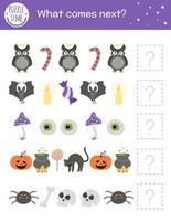 What comes next. Halloween matching activity for preschool children with traditional holiday symbols. Funny educational puzzle. Logical quiz worksheet. Continue the row. Simple autumn game for kids vector