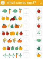 What comes next. Matching activity for preschool children with autumn fruit and vegetables. Funny fall puzzle. Logical worksheet with harvest. Thanksgiving continue the row game. vector