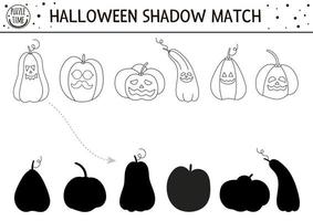 actividad de combinación de sombras en blanco y negro de halloween. rompecabezas de contorno de otoño o página para colorear con jack-o-lanterns. juego con calabazas aterradoras. encontrar la hoja de trabajo imprimible de la silueta correcta. vector