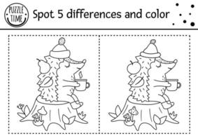 Autumn find differences game for children. Black and white educational activity and coloring page with hedgehog sitting on a stump with mug. Fall season printable worksheet with cute forest animal. vector