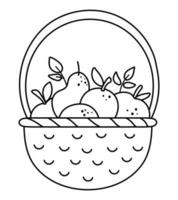 vector cesta en blanco y negro con manzanas, peras y hojas. Clipart de jardín de contorno de otoño. Ilustración de fruta de línea divertida aislada sobre fondo blanco. icono de cosecha de la temporada de otoño o página para colorear