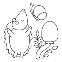 Vector black and white hedgehog catching a butterfly near mushroom. Funny line autumn scene with prickly animal having fun. Cute woodland outline illustration or coloring page