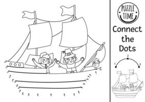 Vector dot-to-dot and color activity with Mayflower ship and pilgrims. Thanksgiving historical connect the dots game or coloring page for kids. Autumn holiday printable worksheet. Fall quiz