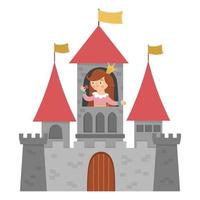 Vector castle with princess icon isolated on white background. Medieval stone palace with towers, flags, gates. Fairy tale king house illustration