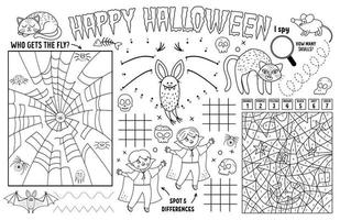 Vector Halloween placemat for kids. Fall holiday printable activity mat with maze, tic tac toe charts, connect the dots, find difference. Black and white autumn play mat or coloring page