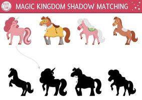 Fairytale shadow matching activity with horses and unicorn. Magic kingdom puzzle with cute characters. Find correct silhouette printable worksheet or game. Fairy tale page for kids vector