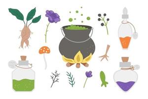 Set of cute vector witchcraft elements. Magic potion making objects. Halloween icons collection. Funny autumn all saints eve illustration with cauldron, herbs, bottles. Samhain party design for kids.