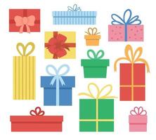 Vector set of cute presents with bows. Funny birthday or Christmas gift boxes collection. Bright holiday illustration for kids. Cheerful celebration icons isolated on white background.