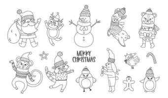 Vector set of black and white Christmas characters. Santa Claus with sack, funny animals, snowman line icons isolated on white background. Cute winter illustration for decorations or new year design.