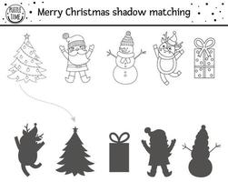 Actividad de combinación de sombras de Navidad en blanco y negro para niños. Página para colorear de invierno. juego educativo para niños con lindo muñeco de nieve, ciervo, santa. encuentre la hoja de trabajo de silueta correcta. vector