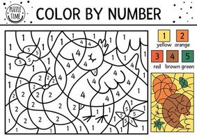 Vector autumn color by number activity with sleeping bird, pumpkin, leaves. Fall, Thanksgiving Day or forest coloring and counting game with cute character. Funny coloration page for kids.