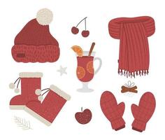 Conjunto de ropa de color rojo de invierno. colección de prendas de vestir de vectores para el clima frío. Ilustración plana de suéter cálido de punto, orejeras, guantes, botas, bebida caliente y especias.