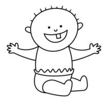 Black and white baby smiling with one tooth. Vector child line icon. Little outline kid in diaper. First teeth concept or coloring page.