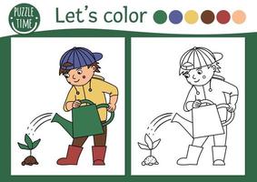 Página para colorear de jardín para niños con niño regando la planta del bebé. vector ilustración de contorno de primavera. adorable libro de colores de la naturaleza para niños con ejemplo de colores. hoja de trabajo imprimible de habilidad de dibujo