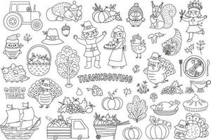 Vector black and white Thanksgiving elements set. Autumn line icons collection with funny pilgrims, native American, turkey, animals, harvest, cornucopia, pumpkins. Outline fall holiday pack