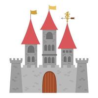 Vector castle icon isolated on white background. Medieval stone palace with towers, flags, gates. Fairy tale king house illustration