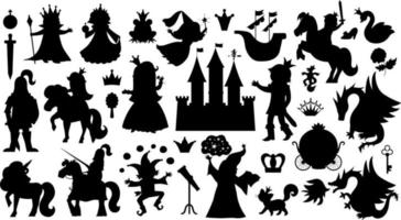 colección de siluetas de personajes y objetos de cuento de hadas. gran conjunto de vectores en blanco y negro de fantasía princesa, rey, reina, caballero, unicornio, dragón. paquete de sombras de castillo de cuento de hadas medieval
