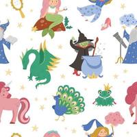 Fairy tale characters collection. Vector set of fantasy witch, unicorn, dragon, fairy, magician, mermaid, frog prince. Medieval fairytale castle pack. Cartoon magic icons for kids.