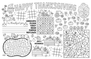 Vector Thanksgiving placemat for kids. Fall holiday printable activity mat with maze, tic tac toe charts, connect the dots, find difference. Black and white autumn play mat or coloring page