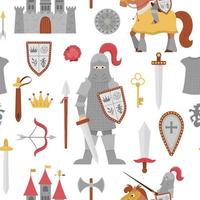 Fairy tale knight armor seamless pattern. Repeat background with fantasy armored warrior and castle. Fairytale soldier digital paper with sword, shield, horse, crown. Medieval weapon texture vector