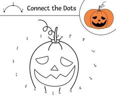 Vector Halloween dot-to-dot and color activity with cute pumpkin lantern. Autumn holiday connect the dots game. Funny coloring page for kids with jack-o-lantern.
