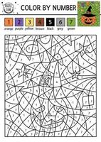 Vector Halloween color by number activity with cute pumpkin lantern in wizard hat. Autumn holiday coloring and counting game. Funny coloration page for kids with jack-o-lantern.