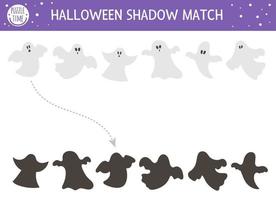 actividad de combinación de sombras de halloween para niños. rompecabezas de otoño con fantasma. juego educativo para niños con fantasmas aterradores. encuentre la hoja de trabajo imprimible de la silueta correcta. vector
