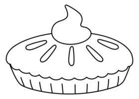 Vector traditional black and white Thanksgiving pumpkin pie side view. Autumn dessert isolated on white background. Cute funny line illustration of fall holiday meal with cream.