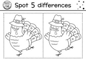 Find differences game for children. Thanksgiving black and white educational activity with funny turkey. Printable line worksheet. Autumn holiday puzzle for kids. Fall preschool coloring page vector