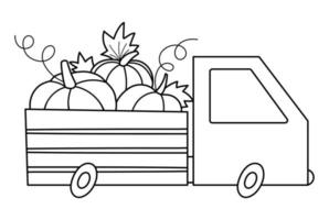 vector de coche de acción de gracias en blanco y negro con calabazas. icono de línea de camión de otoño. Transporte de vacaciones de otoño aislado sobre fondo blanco. esbozar el concepto de recolección de cosecha