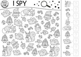 Autumn black and white forest I spy game for kids. Fall searching and counting line activity for preschool children with woodland animals, birds, insects. Funny printable worksheet or coloring page vector