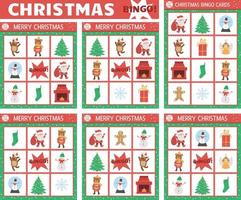 Vector Christmas bingo cards set. Fun family lotto board game with cute Santa Claus, Christmas tree, snowman for kids. Holiday winter party lottery activity. Simple educational printable worksheet