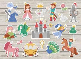 Fairy tale character stickers collection. Big vector sticker pack with fantasy princess, prince, witch, knight, unicorn, dragon. Medieval fairytale castle patches pack. Cartoon magic icons